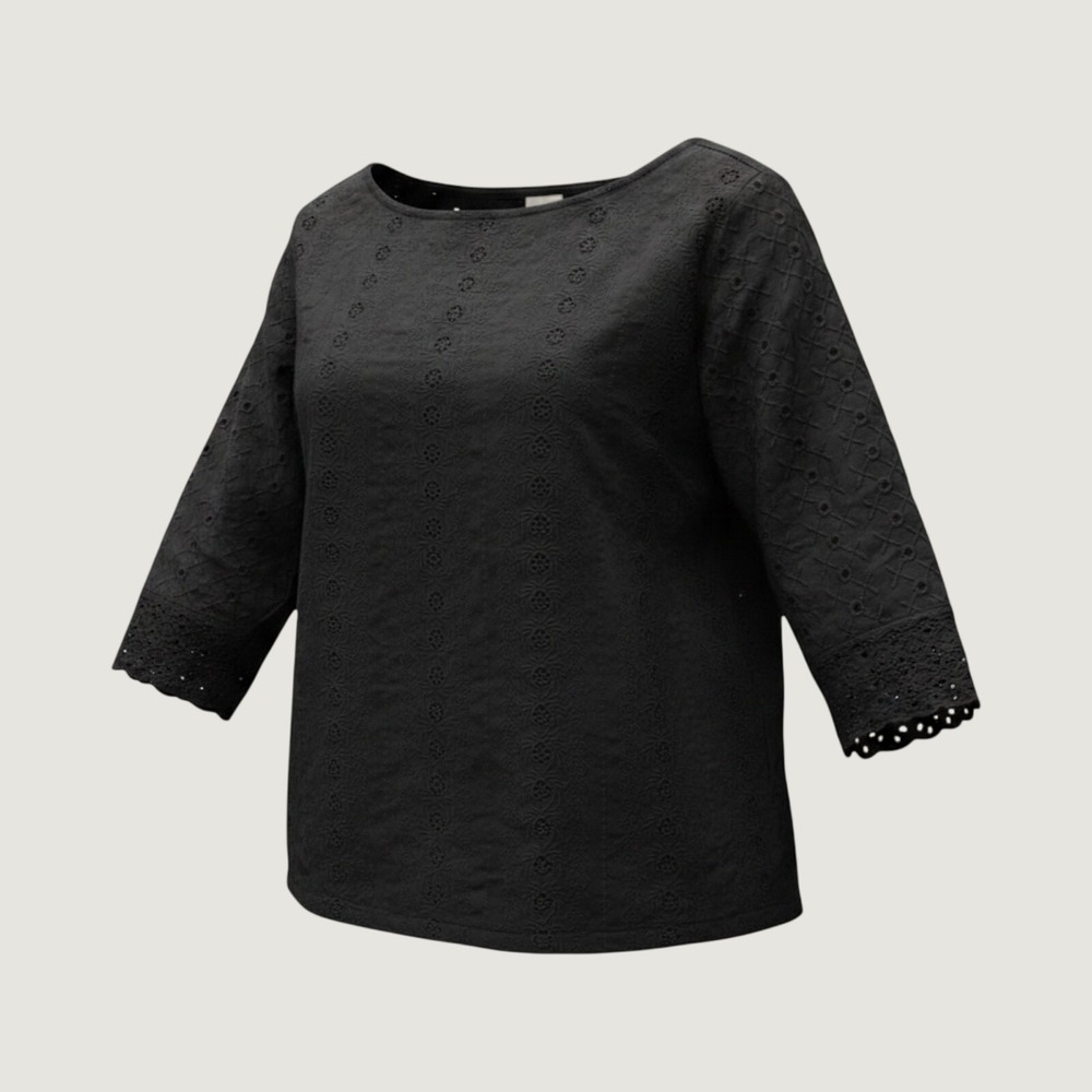 Gap Womens Black Eyelet Embroidered Lace Trim 3/4 Sleeve top Cottagecore Coastal